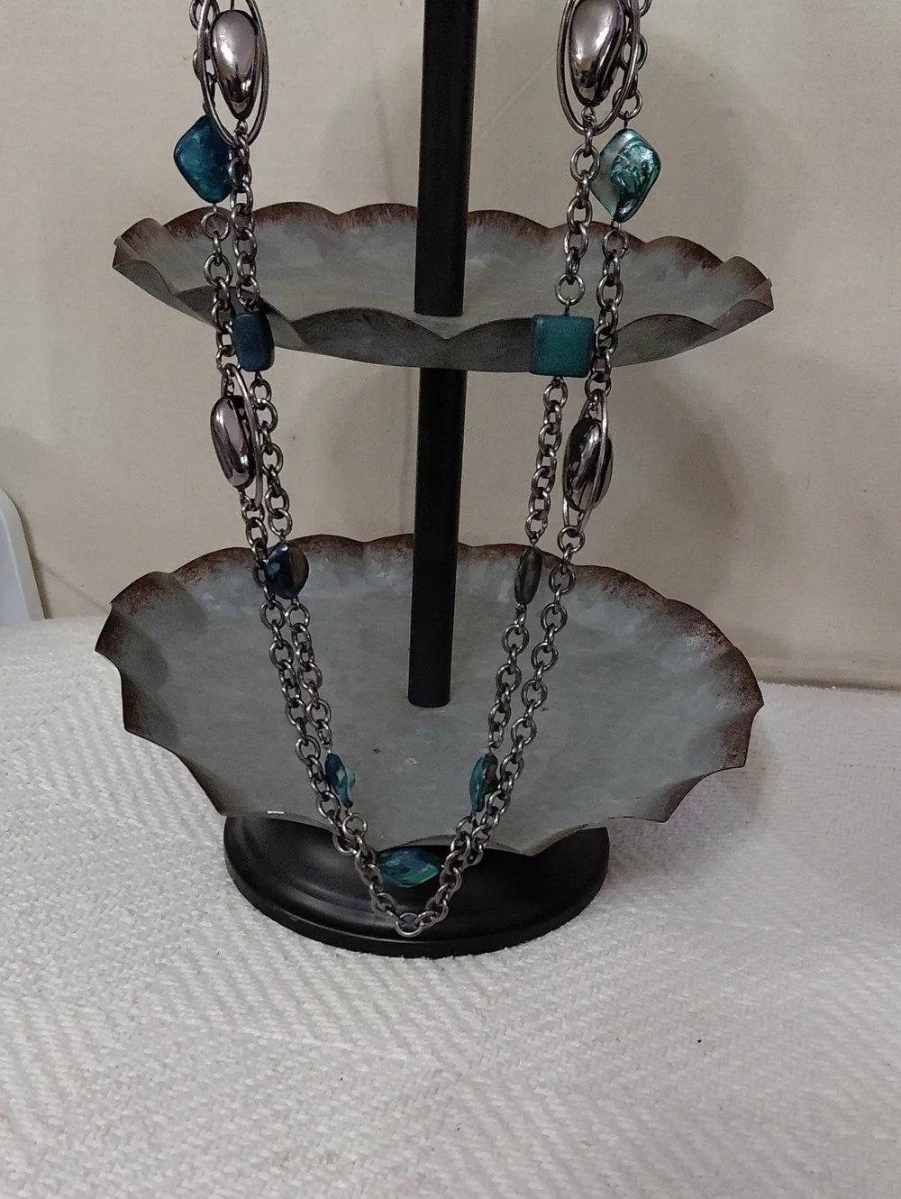 Long Silver Chain Necklace with Teal Beads
